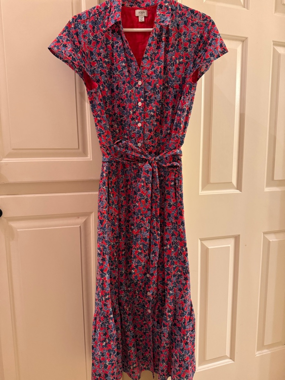 J. Crew Red Floral Shirt Dress with Blue Floral Print.